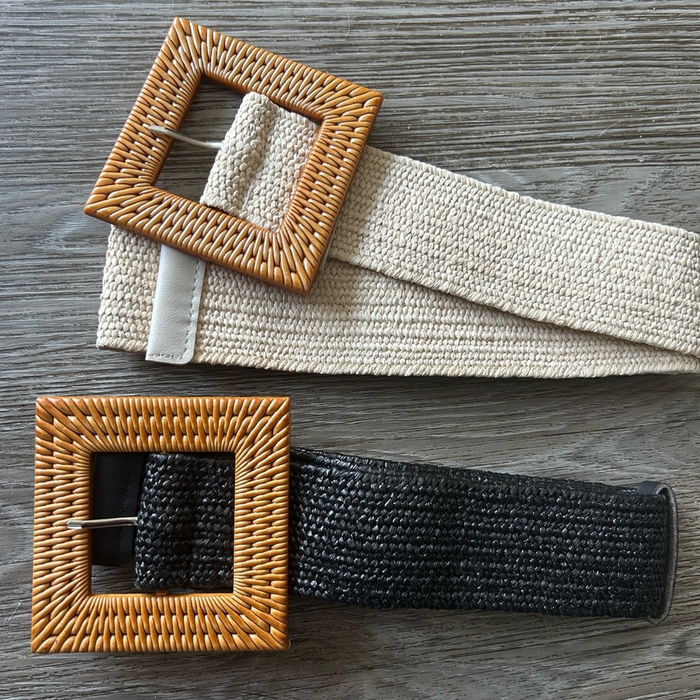 2 Woven Rattan Wicker Belts with Square Plastic Buckles Boho Country Small